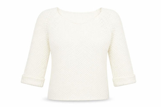 Front view of Miso women’s ivory square neck acrylic jumper, size UK 8