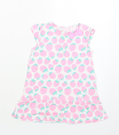 Smyk Baby White Floral Cotton A-Line  Size 12-18 Months  Crew Neck Snap - Strawberry Print