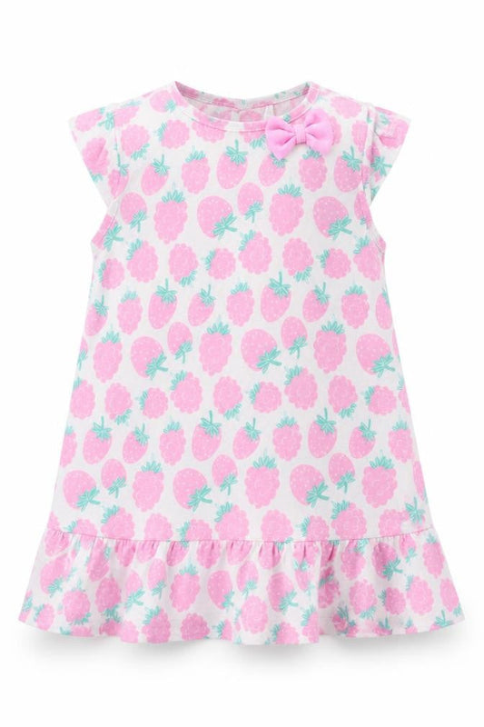 Smyk Baby White Floral Cotton A-Line  Size 12-18 Months  Crew Neck Snap - Strawberry Print