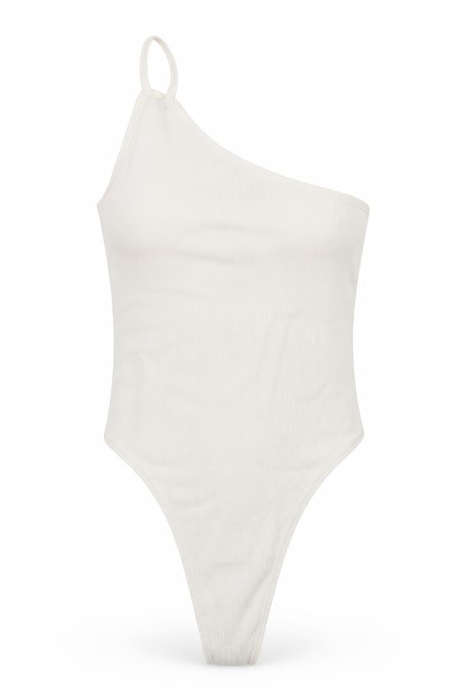 Front view of ASOS women’s ivory viscose bodysuit one-piece, size UK 12, snap