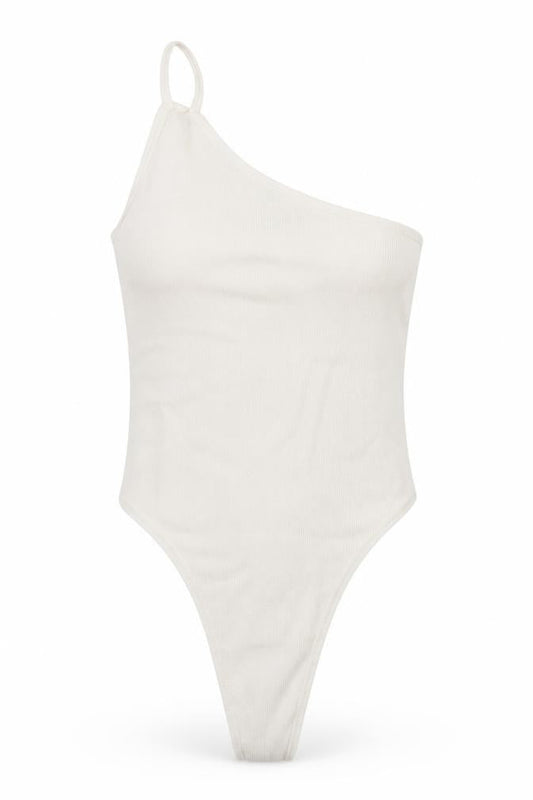 Front view of ASOS women’s ivory viscose bodysuit one-piece, size UK 12, snap