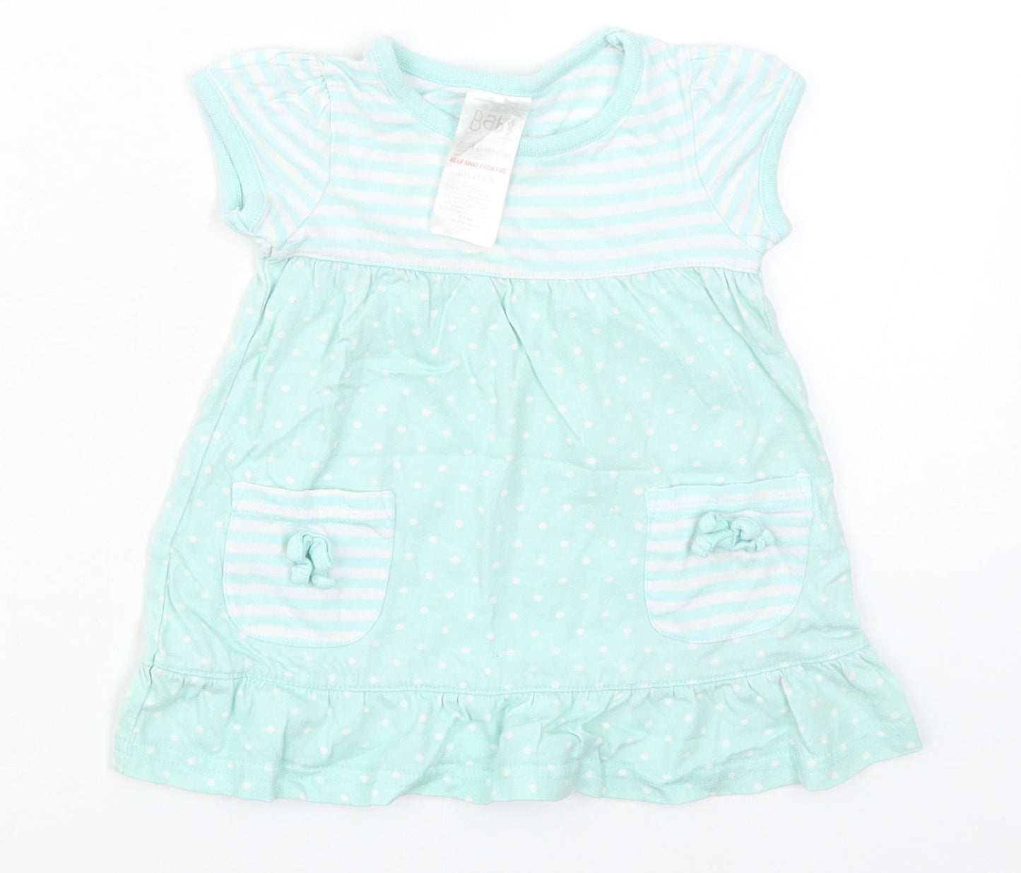 Baby Girls Green Striped Cotton Skater Dress  Size 3-6 Months  Round Neck Pullover - Polka Dot
