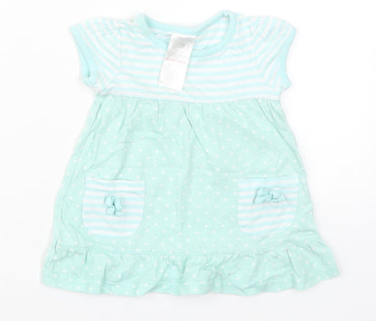 Baby Girls Green Striped Cotton Skater Dress  Size 3-6 Months  Round Neck Pullover - Polka Dot
