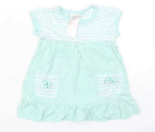 Baby Girls Green Striped Cotton Skater Dress  Size 3-6 Months  Round Neck Pullover - Polka Dot