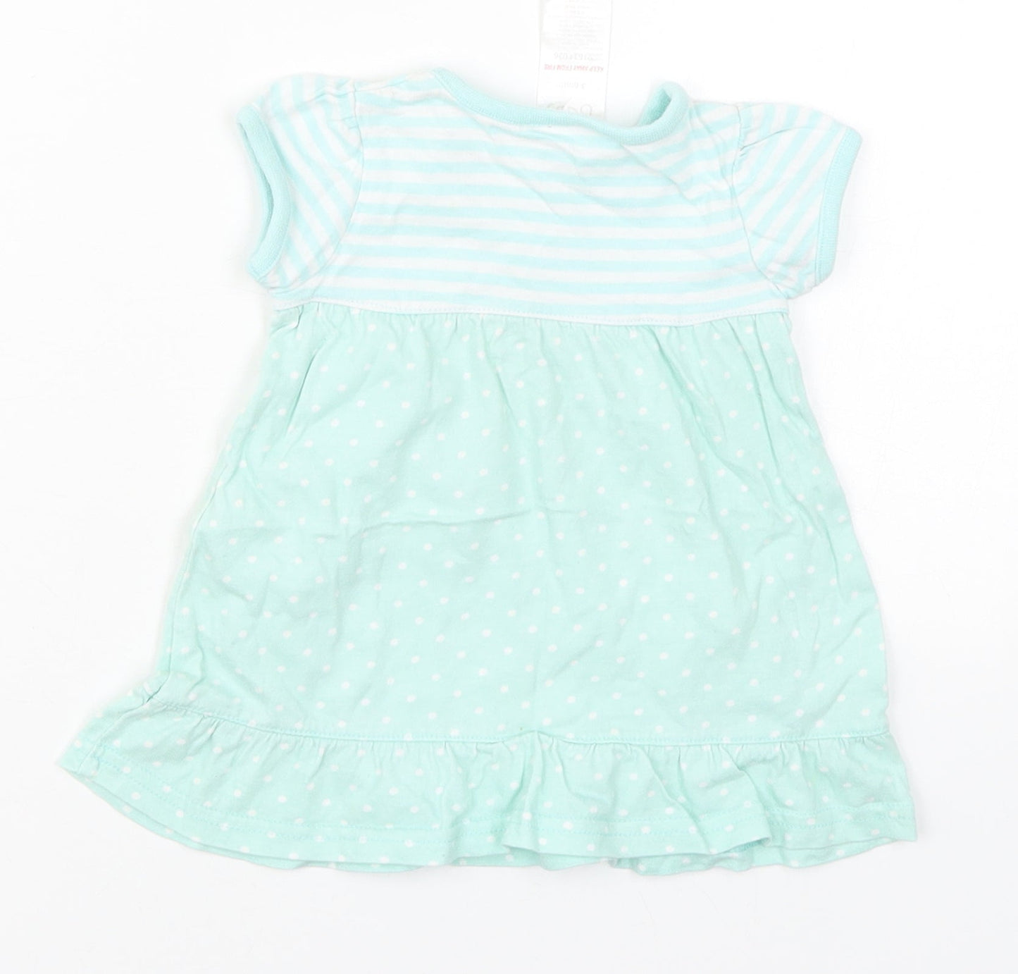 Baby Girls Green Striped Cotton Skater Dress  Size 3-6 Months  Round Neck Pullover - Polka Dot