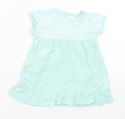 Baby Girls Green Striped Cotton Skater Dress  Size 3-6 Months  Round Neck Pullover - Polka Dot