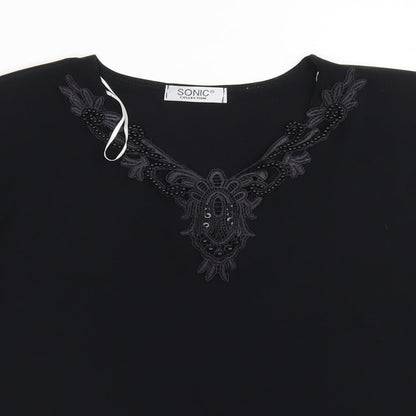 Sonic Collection Womens Black  Polyester Basic Blouse Size M V-Neck - Lettuce Edging