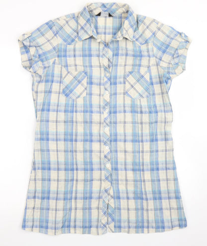 Dorothy Perkins Womens Blue Plaid Polyester Basic Button-Up Size 14 Collared - Longline