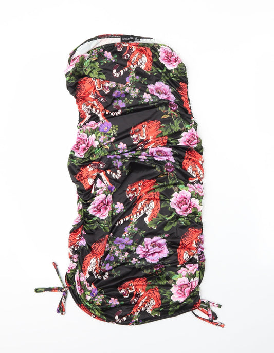 PRETTYLITTLETHING Womens Black Floral Polyester Bodycon  Size 12  One Shoulder