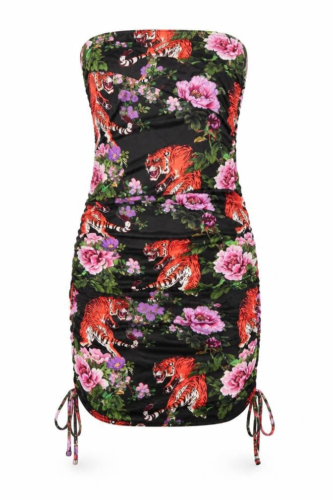 Front view of PRETTYLITTLETHING women’s black floral polyester bodycon, size UK 12, one shoulder