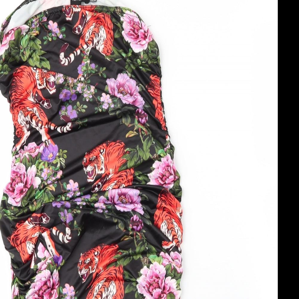 PRETTYLITTLETHING Womens Black Floral Polyester Bodycon  Size 12  One Shoulder