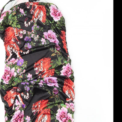 PRETTYLITTLETHING Womens Black Floral Polyester Bodycon  Size 12  One Shoulder