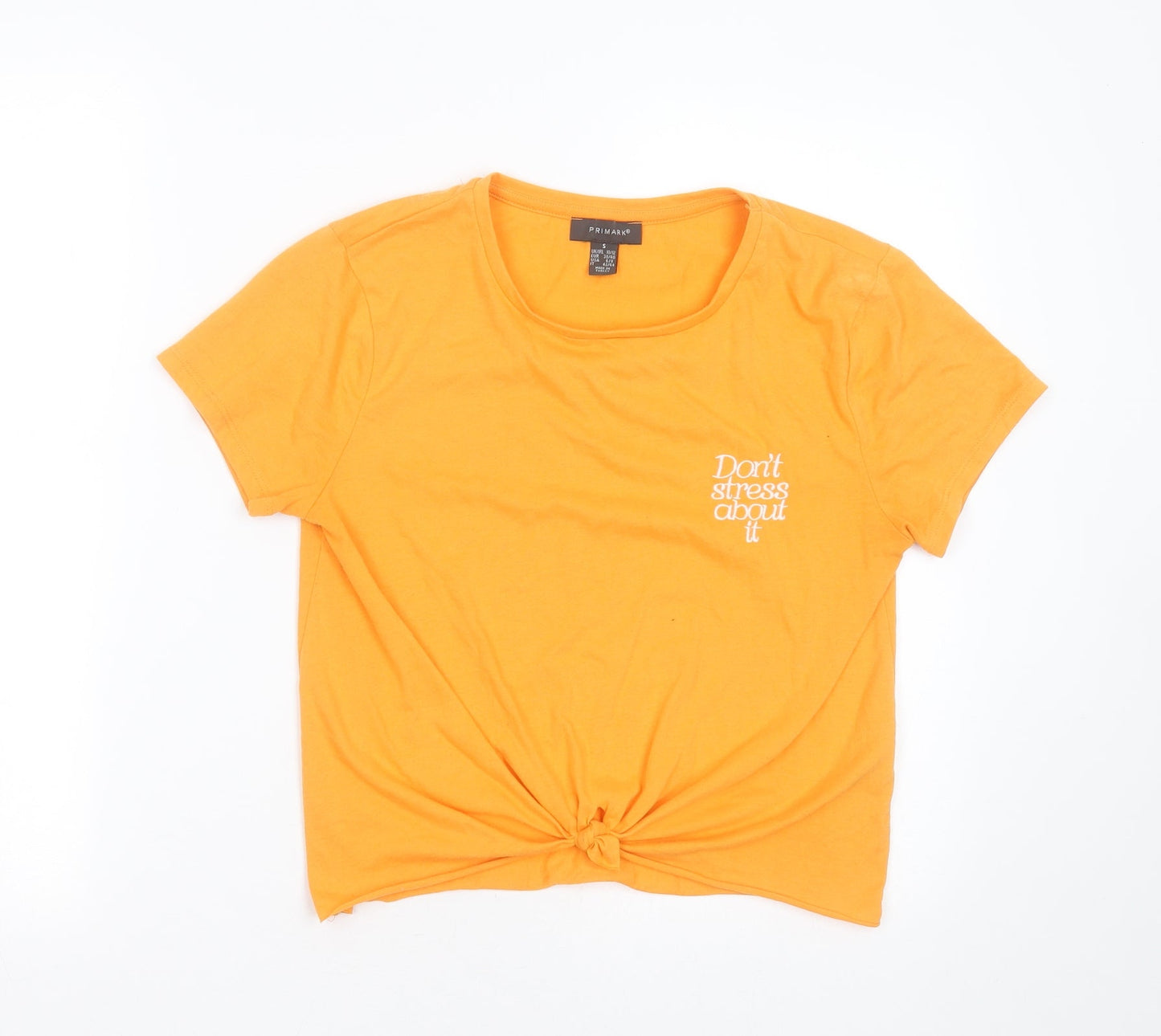 Primark Womens Orange  Polyester Basic T-Shirt Size S Round Neck - don't stress about it