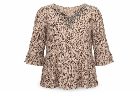 Front view of Joanna Hope women’s beige viscose basic blouse, size UK 12, v-neck