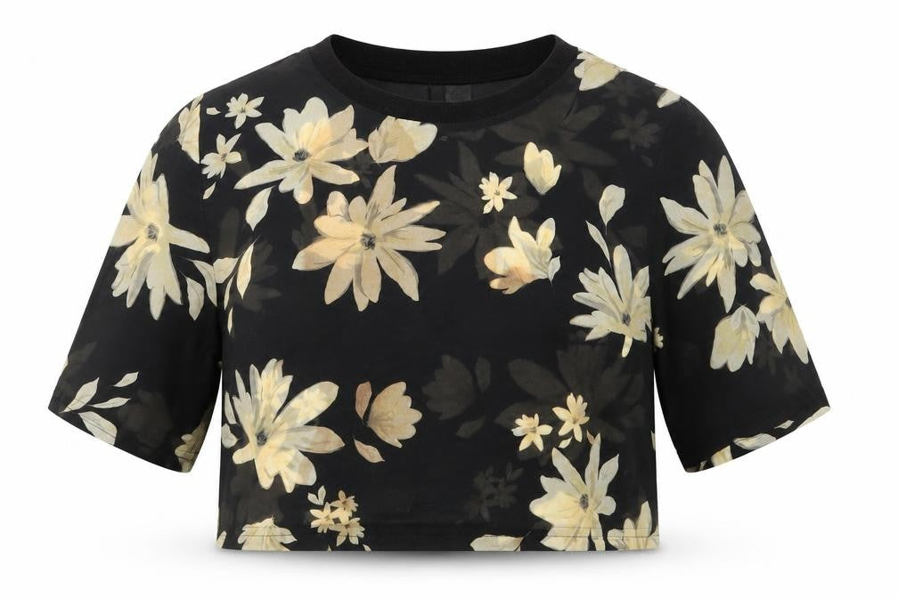 Front view of H&M women’s black floral polyester cropped blouse, size UK 12, round neck