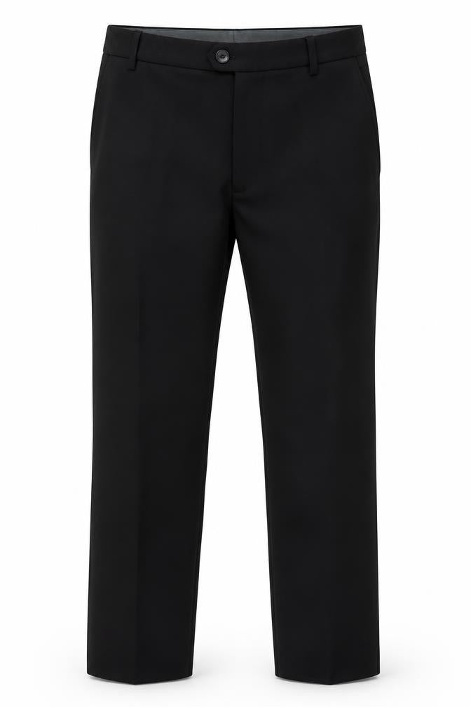 Front view of Marks & Spencer men’s black polyester dress pants trousers, size 30, 31-inch leg regular button