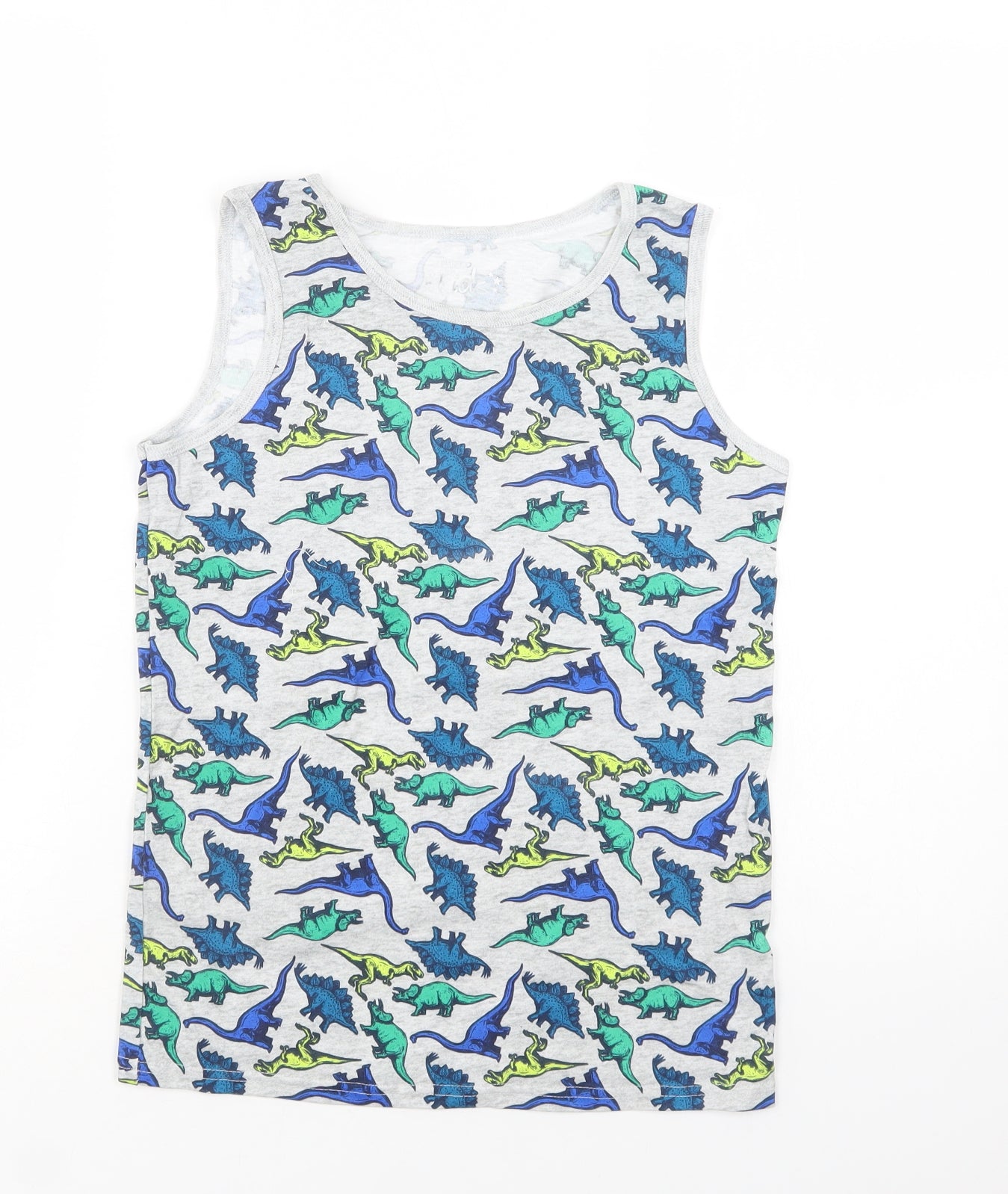 Pep & Co Girls Grey Geometric Cotton Basic Tank Size 12-13 Years Crew Neck  - Dinosaur Print