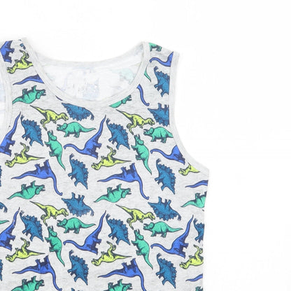 Pep & Co Girls Grey Geometric Cotton Basic Tank Size 12-13 Years Crew Neck  - Dinosaur Print
