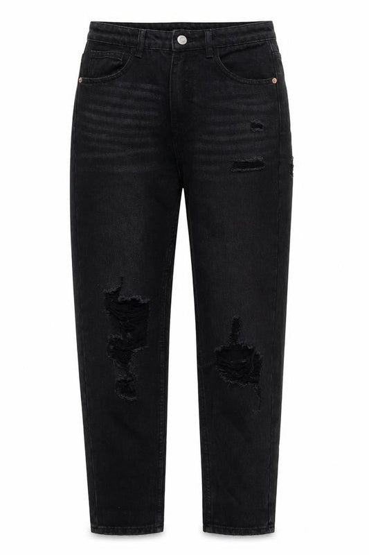 Front view of SHEIN women’s black cotton mom jeans, size S, 26.5-inch leg regular button