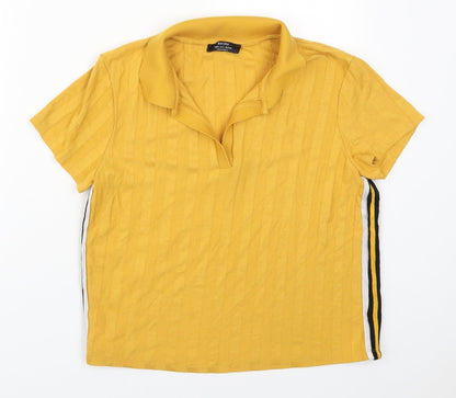 Bershka Womens Yellow  Cotton Basic Polo Size L Collared