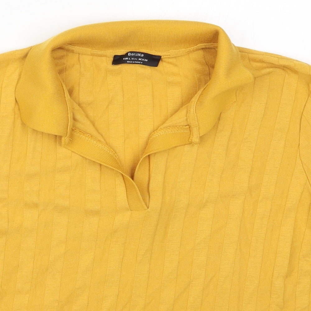 Bershka Womens Yellow  Cotton Basic Polo Size L Collared