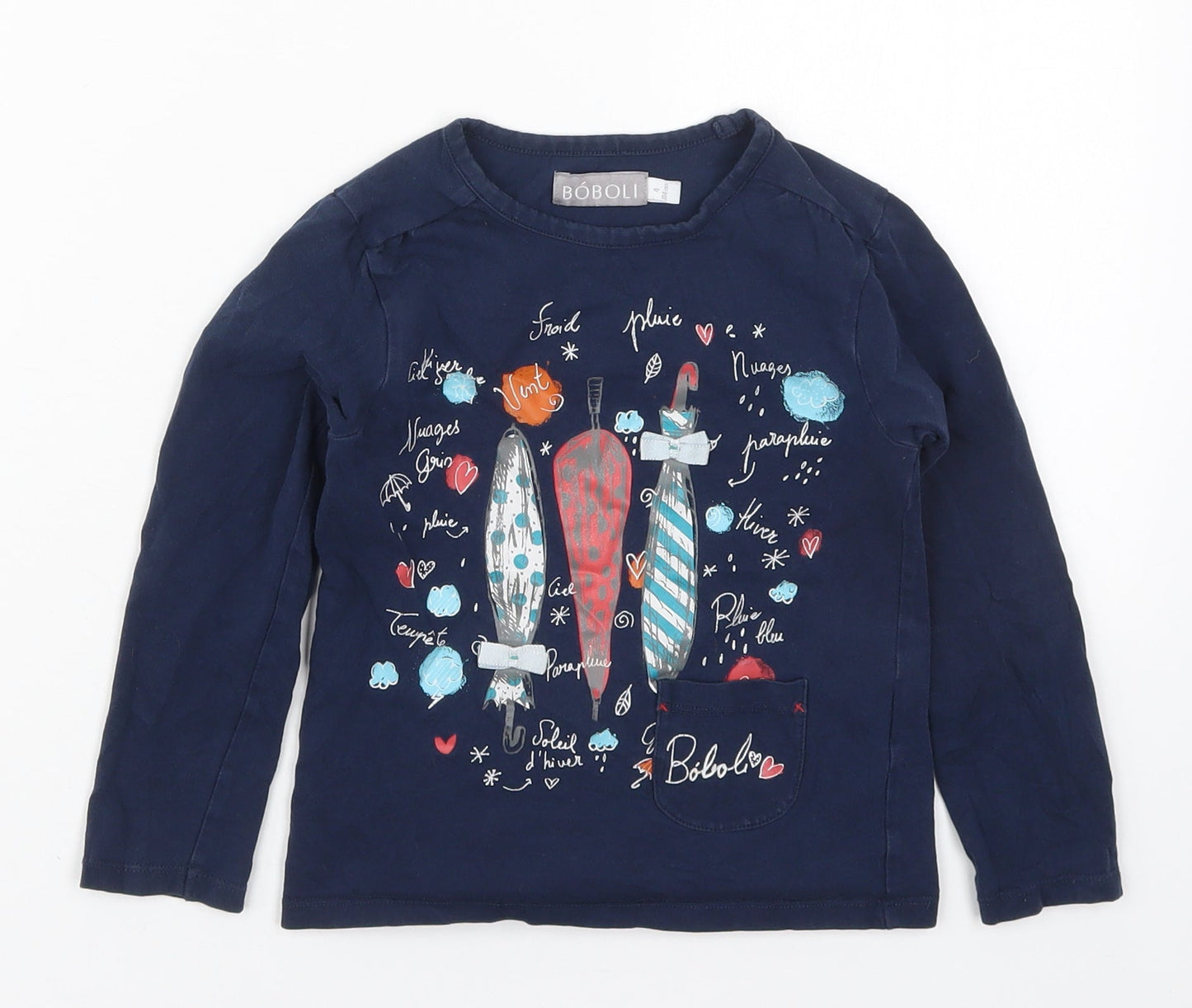 Boboli Girls Blue  Cotton Basic T-Shirt Size 4 Years Round Neck Pullover - Umberellas