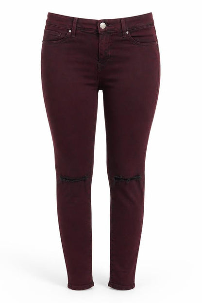 Front view of Topshop women’s purple cotton skinny jeans, size UK 28, in, 27-inch leg regular button