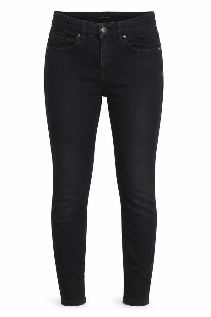 Front view of Topshop women’s black cotton skinny jeans, size UK 26, in, 27-inch leg regular button