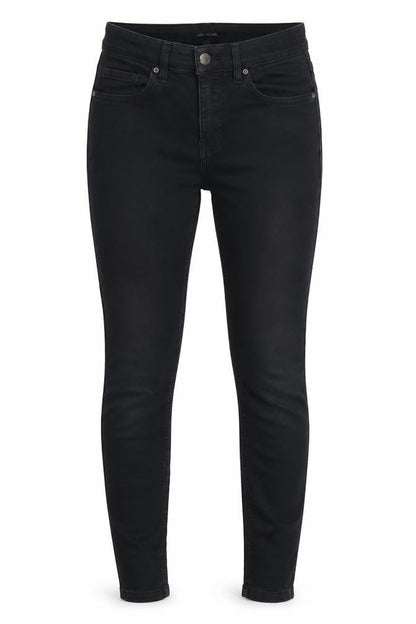 Front view of Topshop women’s black cotton skinny jeans, size UK 26, in, 27-inch leg regular button
