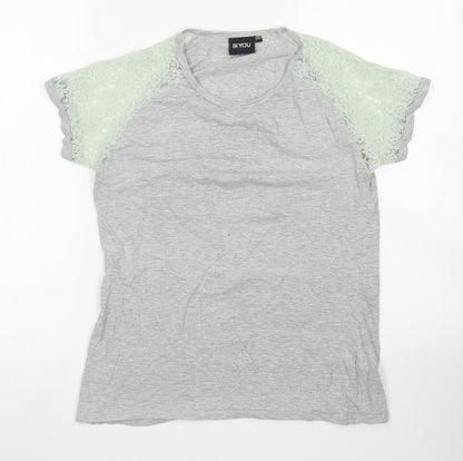 Beyou Womens Grey  Cotton Basic T-Shirt Size 12 Crew Neck - Lace Sleeve details