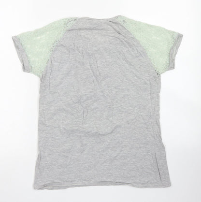 Beyou Womens Grey  Cotton Basic T-Shirt Size 12 Crew Neck - Lace Sleeve details