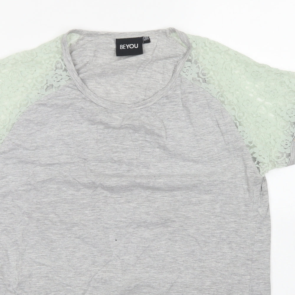 Beyou Womens Grey  Cotton Basic T-Shirt Size 12 Crew Neck - Lace Sleeve details