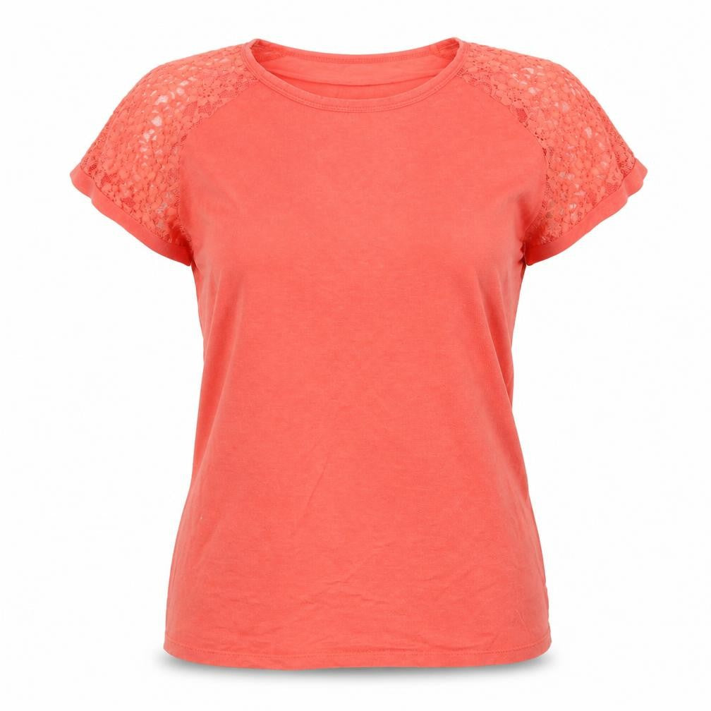 Front view of Beyou women’s orange cotton basic t-shirt, size UK 12, crew neck - lace sleeve
