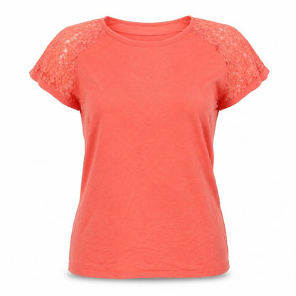 Front view of Beyou women’s orange cotton basic t-shirt, size UK 12, crew neck - lace sleeve