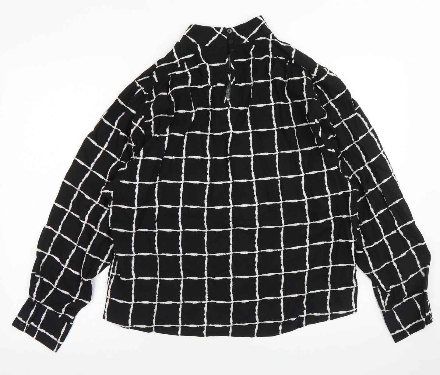 Primark Womens Black Check Viscose Basic Blouse Size 8 High Neck