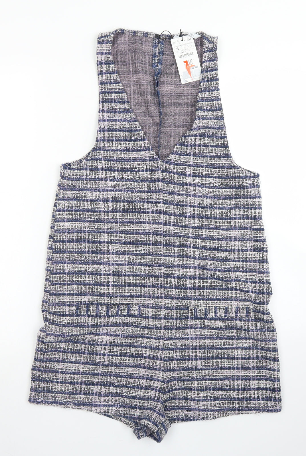 Stradivarius Womens Blue Plaid Polyester Playsuit One-Piece Size S  Button