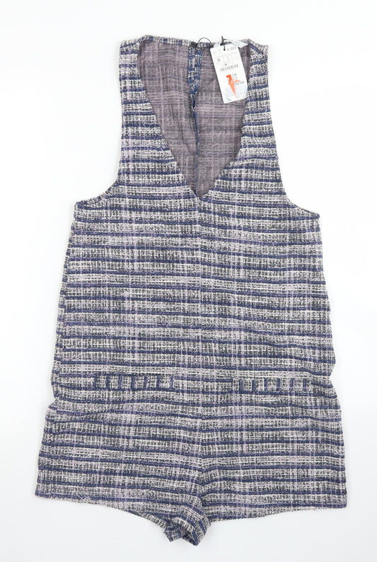 Stradivarius Womens Blue Plaid Polyester Playsuit One-Piece Size S  Button