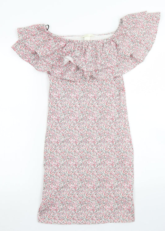 H&M Womens Pink Floral Cotton Bodycon  Size XS  Off the Shoulder