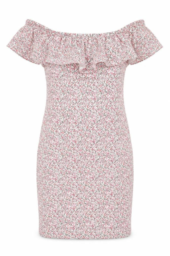 Front view of H&M women’s pink floral cotton bodycon, size XS, off the shoulder