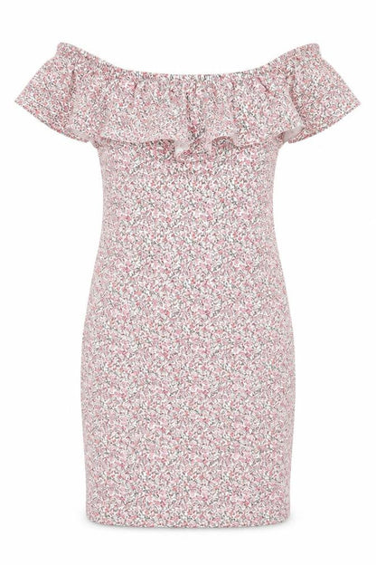 Front view of H&M women’s pink floral cotton bodycon, size XS, off the shoulder