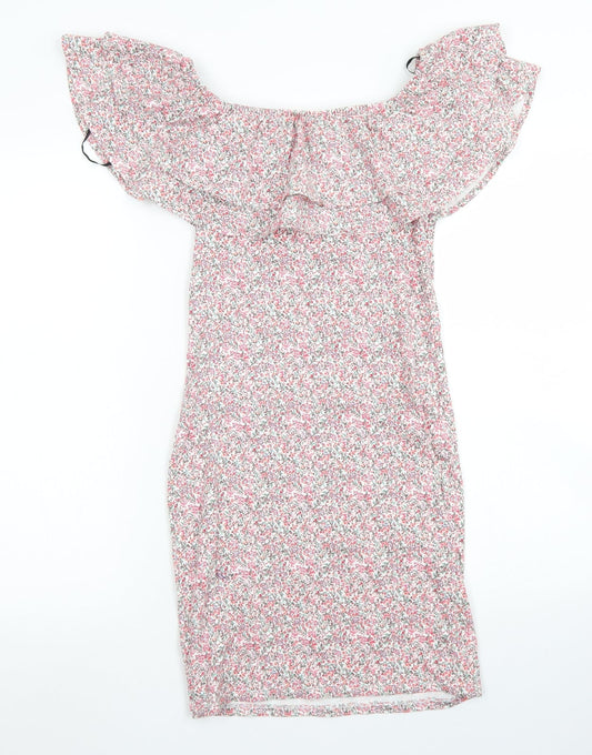 H&M Womens Pink Floral Cotton Bodycon  Size XS  Off the Shoulder