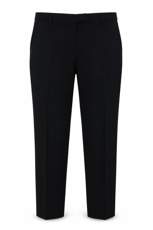 Front view of Topshop women’s blue polyester trousers, size UK 10, 30-inch leg regular hook & eye