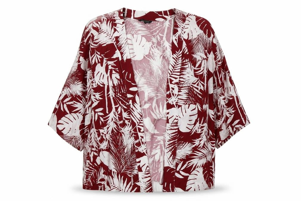 Front view of Peacocks women’s red v-neck geometric viscose cardigan jumper, size XL