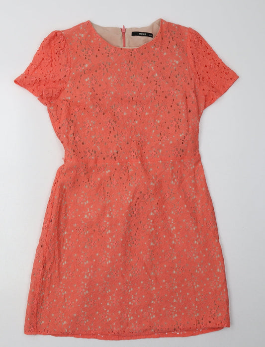 Oasis Womens Pink Floral Cotton A-Line  Size 12  Crew Neck Zip