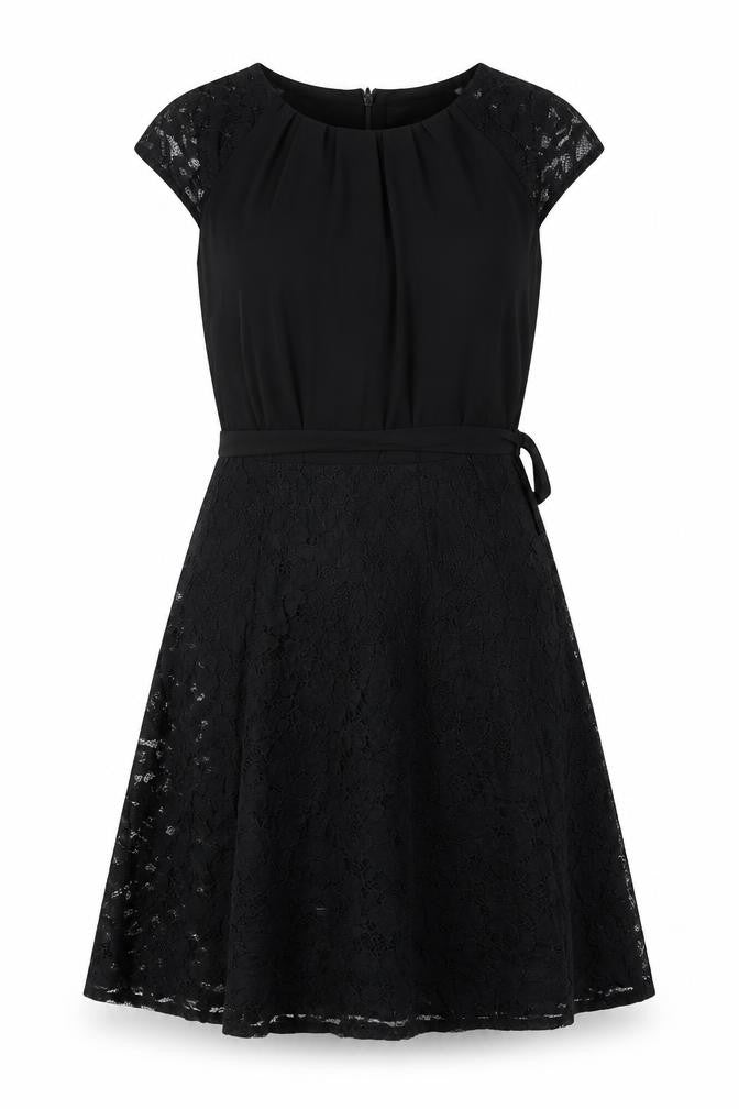 Front view of Dorothy Perkins women’s black cotton a-line, size UK 10, crew neck zip