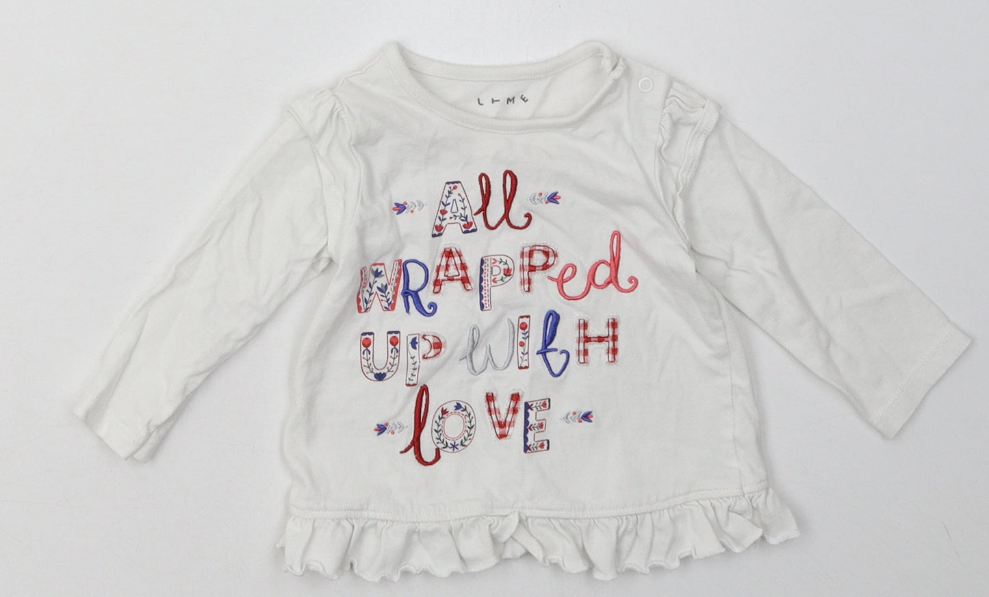 Nutmeg Girls White  Cotton Basic Casual Size 6-9 Months Crew Neck Pullover - all wrapped up with love