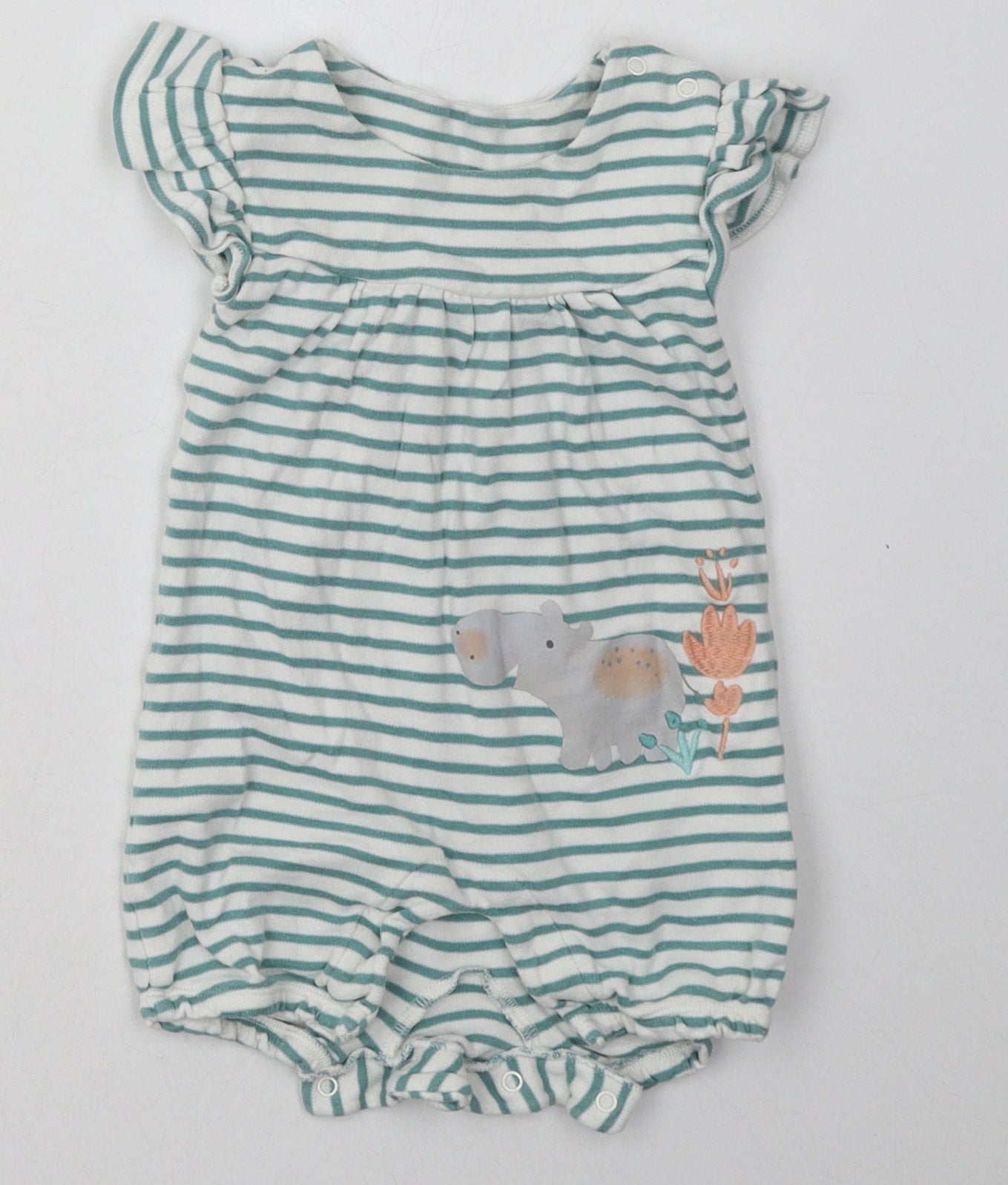 Marks and Spencer Baby Green Striped Cotton Babygrow One-Piece Size 6-9 Months  Buckle