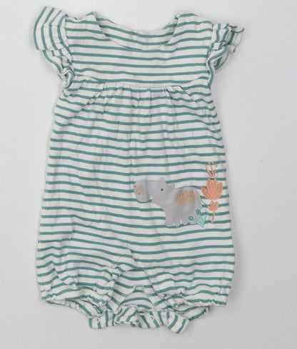 Marks and Spencer Baby Green Striped Cotton Babygrow One-Piece Size 6-9 Months  Buckle