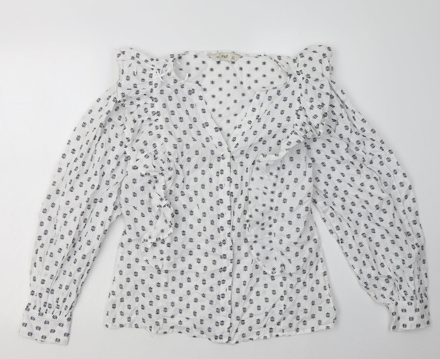 F&F Womens White Geometric Cotton Basic Button-Up Size 8 V-Neck