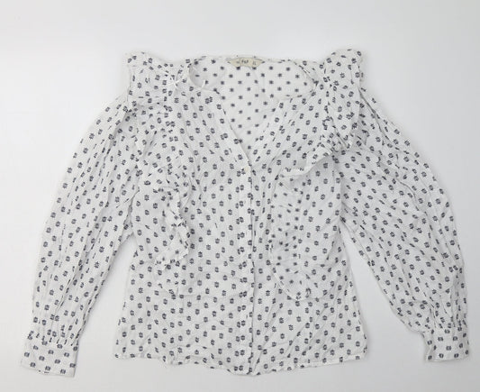 F&F Womens White Geometric Cotton Basic Button-Up Size 8 V-Neck